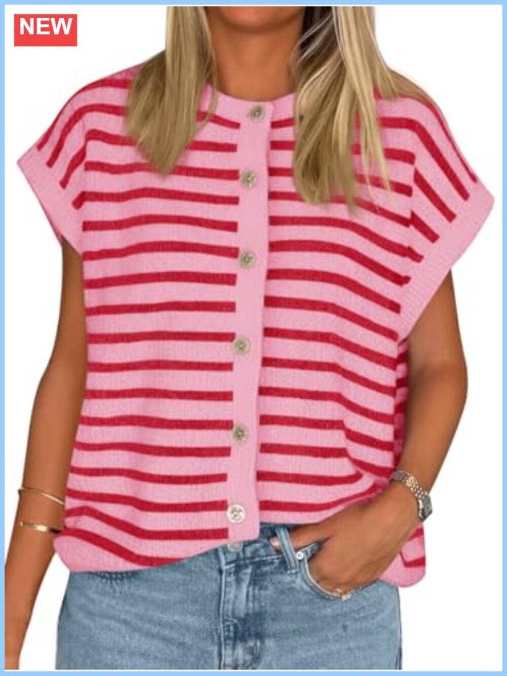 Women's Striped Cap Sleeve Sweater Vest Button Down Cardigan Crewneck Knit